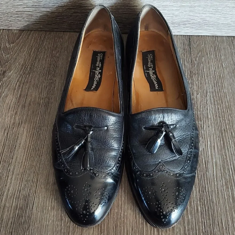 Stamati Mastroianni Hand Made Leather Wing Tip Tassel Loafers Black Size 11